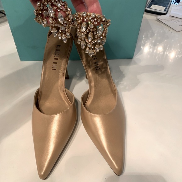 Rebecca Blue, dress shoes size 10, Gold, crystal details around ankle strap. 4” - Picture 2 of 10
